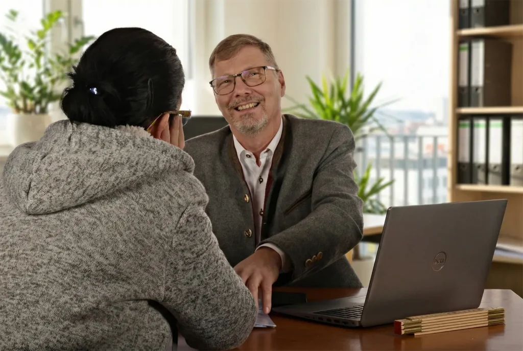 Versicherungsvertreter Andreas Steinkellner in seinem Büro in einem Beratungsgespräch
